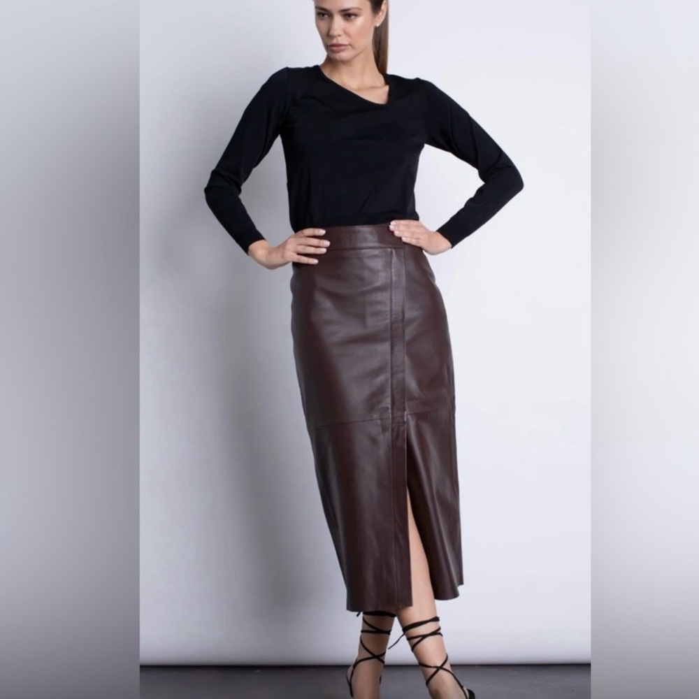Women's 100% Leather Midi Skirt in Dark Brown
